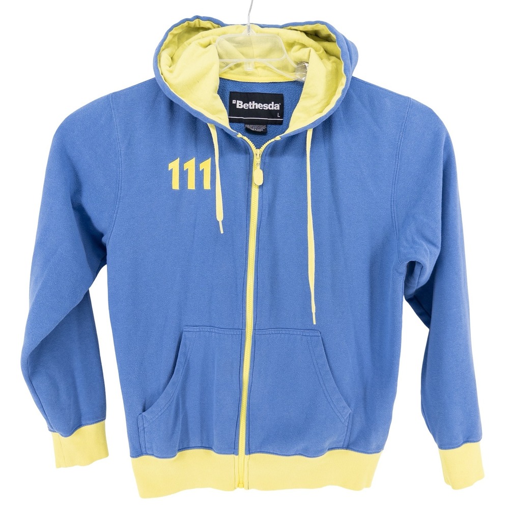 Bethesda Mens Large Hoodie Blue Vault 111 Fallout 4 Full Zip Gaming Merch